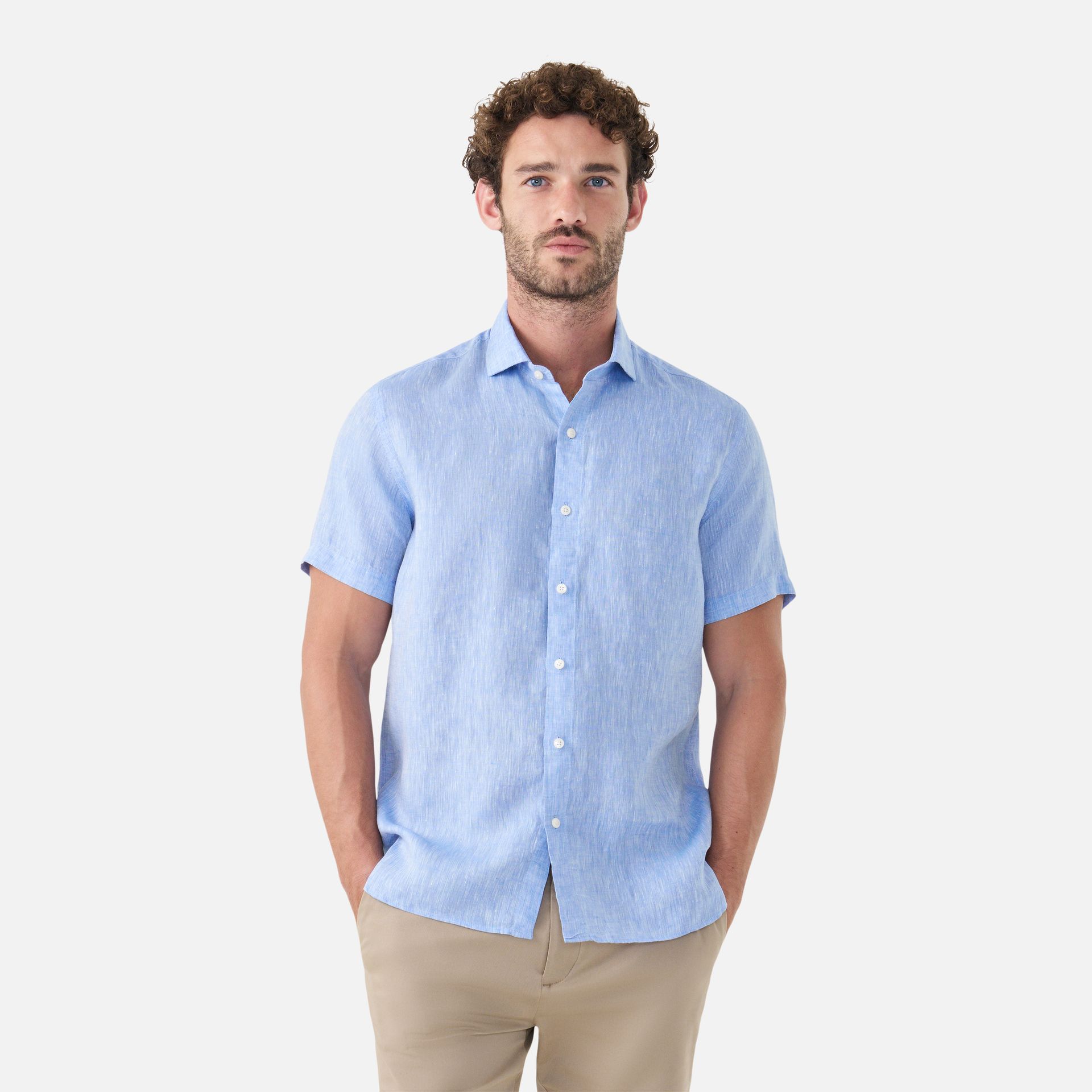 Camisa Linho Manga Curta Azul Claro