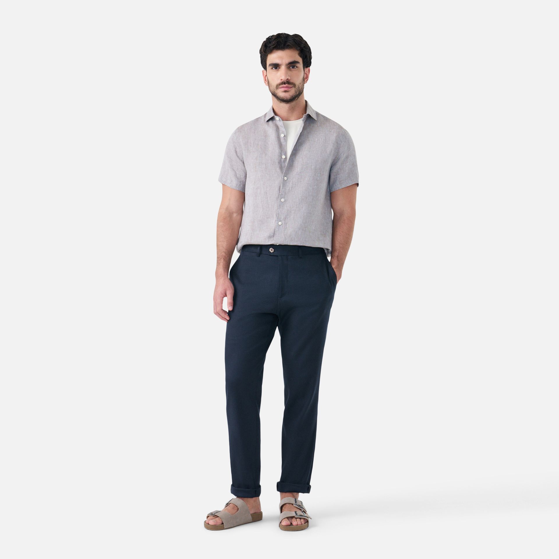 Camisa Linho Manga Curta Gris