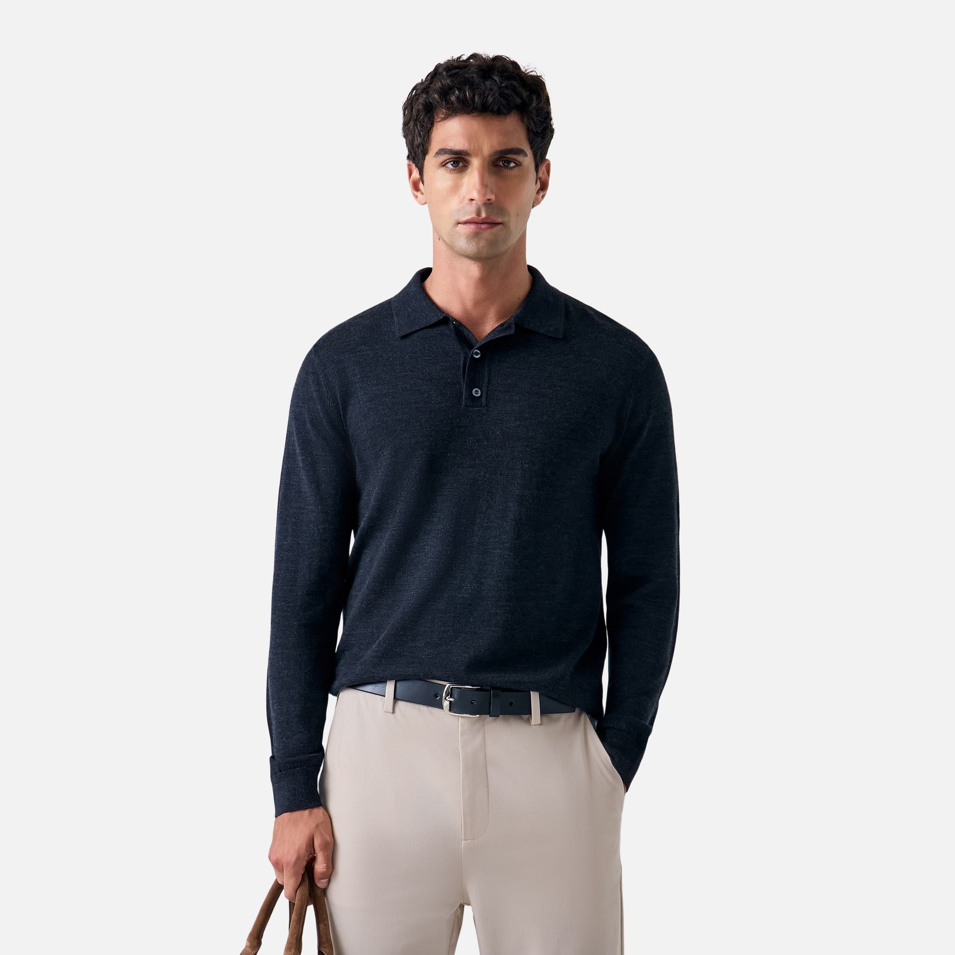 Polo Merino Clássica Manga Longa Off Black Media 1