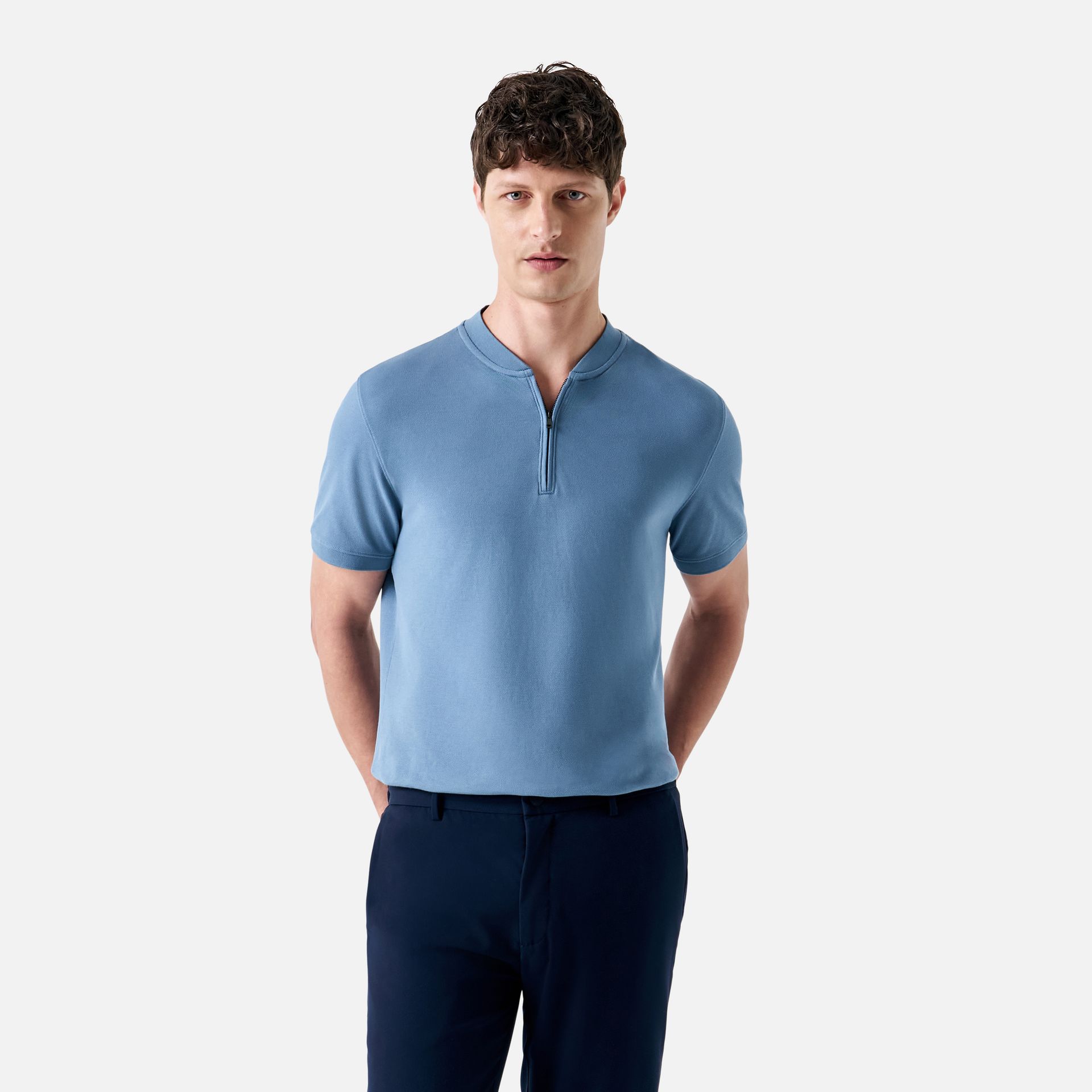 Polo Pima Piquet Zíper Azul