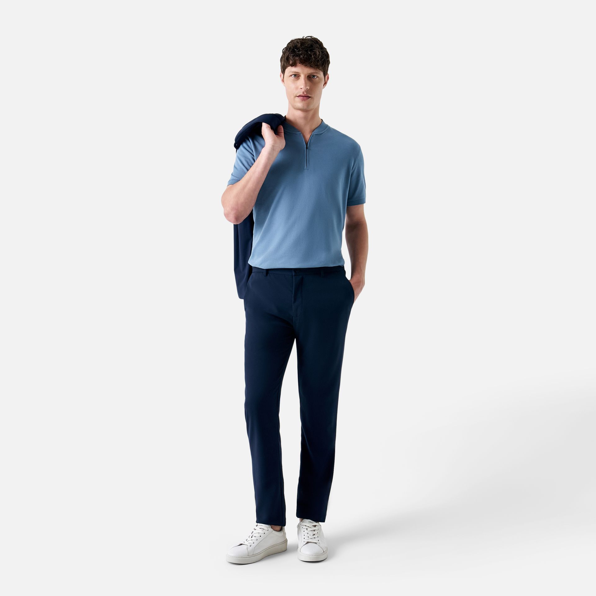 Polo Pima Piquet Zíper Azul