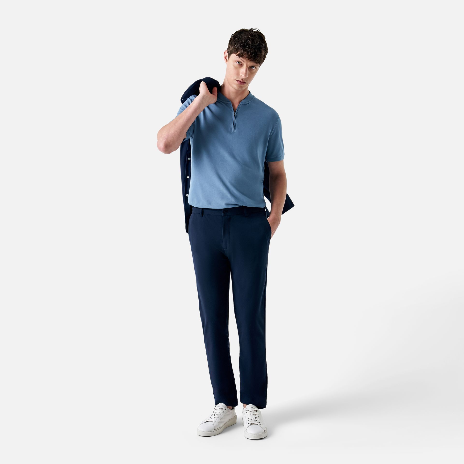 Polo Pima Piquet Zíper Azul